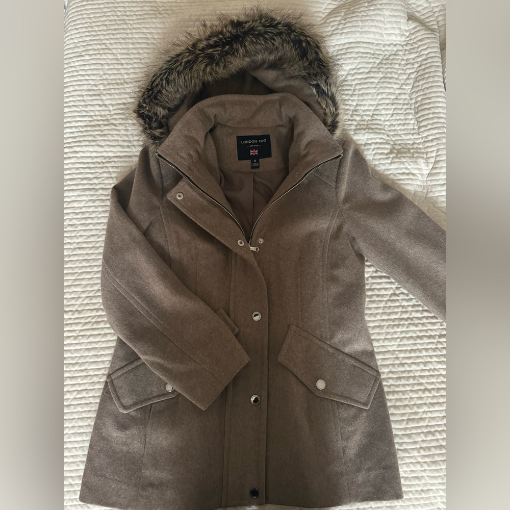 Brown Wool Pea Coat w/ Faux Fur Trim - Size S